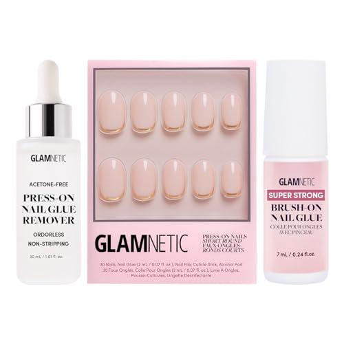 Glamnetic Press-On Nails - Goal Digger | Super Strong Brush On Nail Glue & Press-On Nail Remover | Glossy, Semi-Transparent, Short Round Nails with Gold Foil, Reusable | 12 Sizes - 30 Nail Kit