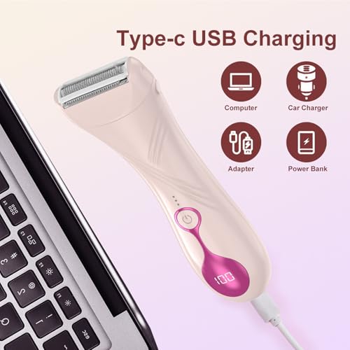 Electric Shaver for Women, Electric Razor for Womens, Bikini Trimmer with LCD Display, Rechargeable Body Hair Trimmer for Bikini Underarm Leg Arm Pubic, Pink