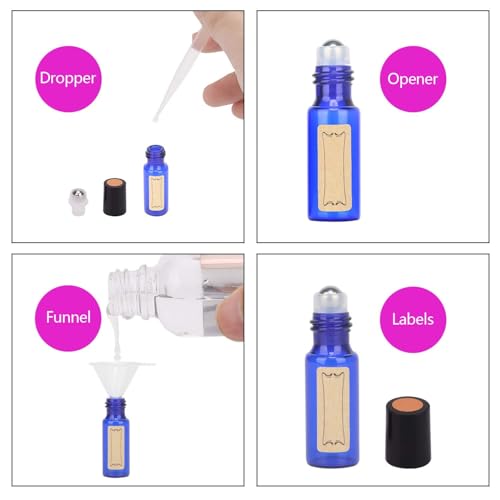 Easytle 96 Pack Essential Oil Roller Bottles 5ml Blue Glass, Reusable, Leak-Proof, UV Protection, Travel & Personal Care, 384 Labels, 8 Opener, 16 Funnels, 16 Droppers