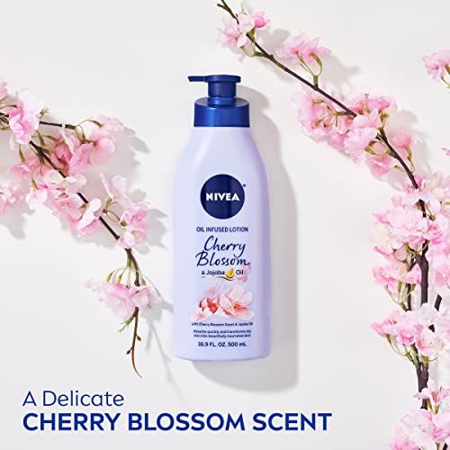 NIVEA Oil Infused Cherry Blossom and Jojoba Oil Body Lotion for Women, Fast-Absorbing and Non-Greasy Cherry Blossom Scented Lotion Moisturizes for 48 Hours, 16.9 Fl Oz Pump Bottle (Pack of 2)