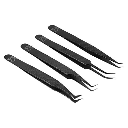 M LASH Tweezers for Eyelash Extensions (Set of 4) - Professional Lash Extension Tweezers - Fiber Tip, Japanese Steel, Diamond Grip Eyelash Extension Tweezer set (Black)