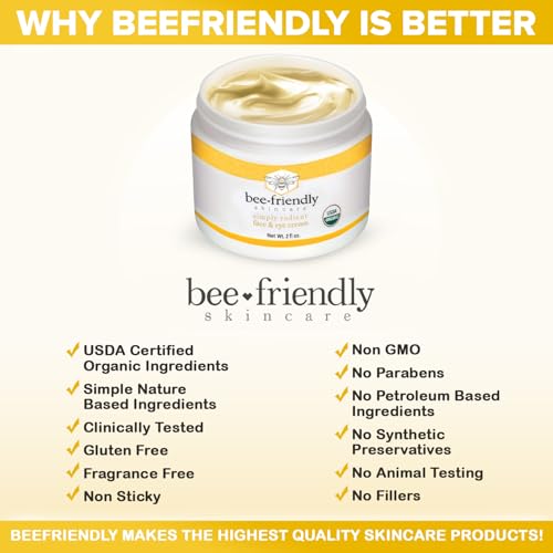 BeeFriendly Organic Face and Eye Cream, USDA Certified Organic Facial Moisturizer, All In One Natural Face, Eye, Neck, Decollete Cream Reduces Wrinkles & Lines, 4 oz - (2 Jars in a box)