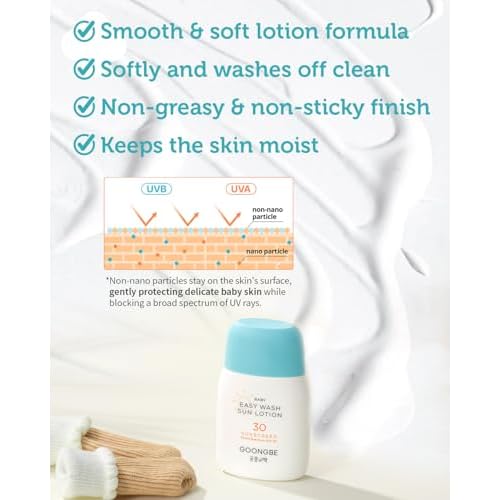 GOONGBE Baby Easy Wash Sun Lotion SPF 30 - Korean Moisturizing Zinc Oxide Mineral Sunscreen for Babies and Kids - Washes Off Easily - Vegan, Reef-Safe, Allergen-Free, 2.11 fl.oz.