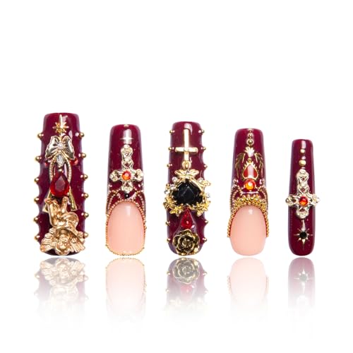 LOVFUL Press on Nails Gothic Romance| Handmade with Full Covered Crystals| Reusable Fake Nails| Square Mid length 1.7in| H333-S