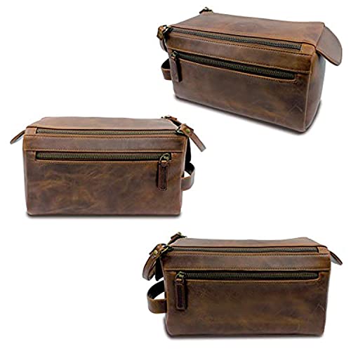 Rajeriya Premium Buffalo Leather Toiletry Bag for Men & Women With Water resistant Lining, Cosmetic Bags,Grooming Travel Pouch, Unisex Wash Bag for Toiletries, Gifts for Men and Women
