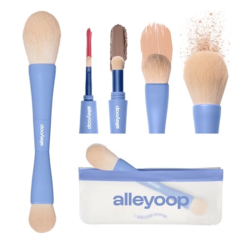Alleyoop Multi-Tasker 4-in-1 Travel Makeup Brush Set ? Compact Makeup Brushes with Blending Sponge, Eyeshadow, Eyebrow & Liner, Blush & Bronzer Brush ? Mini Makeup Tools Kit for Women, Vegan