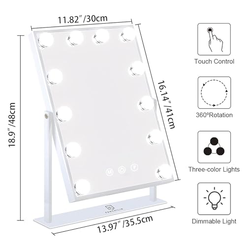 FENCHILIN Lighted Makeup Mirror Hollywood Mirror Vanity Makeup Mirror with Light Smart Touch Control 3Colors Dimmable Light Detachable 10X Magnification 360¡ÆRotation
