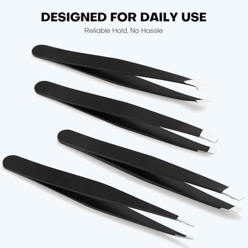 [4+1 Pack] Precision Tweezers Set with Travel Case, Professional Stainless Steel Eyebrow Tweezers for Women & Men, Multi-Purpose for Facial Hair & Ingrown Hair Removal