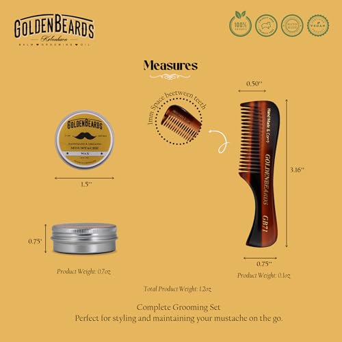 Golden Beards Mustache Wax with GB-71 Comb ? Organic & Natural Styling Wax for Men ? Strong Hold, Handmade, Vegan, Cruelty-Free Grooming Kit