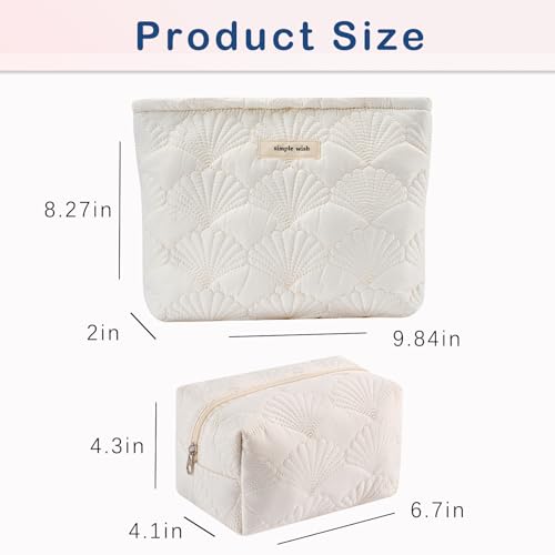 2Pcs Quilted Cotton Coquette Makeup bag, Coastal Granddaughter Aesthetic Cosmetic Bag, Cute Seashell Portable Travel Toiletry Pouch (2Pcs White)