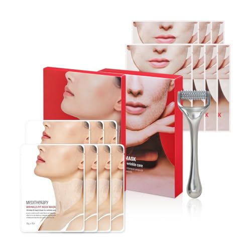 MEDITHERAPY Wrinkle-fit Neck Mask & Wrinkle-fit Face Mask + Facial Roller - Neck Wrinkle Patches, Neck Firming and Tightening Korean Deep Collagen Mask - Mesh Sheet Mask for Lifting Sagging Skin