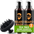 Beard Wash, Beard Conditioner w/Tea Tree Oils, Reduces Beard Dandruff & Relieves Itching, Strengthens, Softens and Nourishes Dry & Coarse Beards - Beard Shampoo w/Beard Brush 2 x 4 Fl Oz