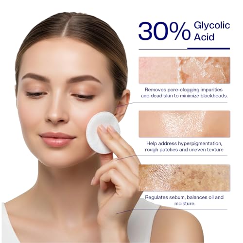 Morovan Glycolic Acid Pads 30%: Dual-Sided Face Exfoliator for Blemishes and Deep Cleaning, Clarifying Skin Tone, At-Home Peel, 65 Pads