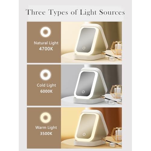 LED Lighted Makeup Mirror Box, Portable Jewelry Case with 3 Light Modes, 1200mAh Rechargeable, PU Portable Cosmetics Case with Handle, 6.5 x4.5 x 1.4 inches(White)