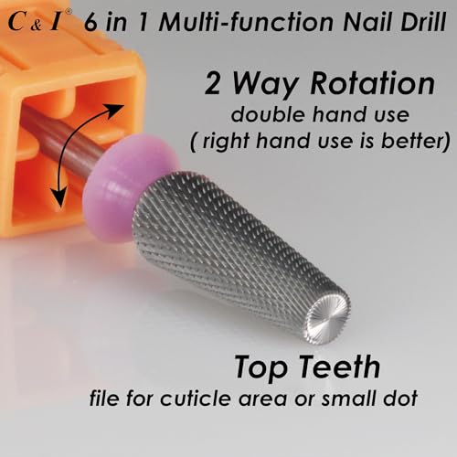 C & I Nail Drill Bit 6 in 1 Multi-function Rounded End E File, Tungsten Steel CNC Overall Cutting, Manicure Tool for Nail Tech Quick Remove Nail Gels, Acrylic Nails (Original, Double Fine -XXF)