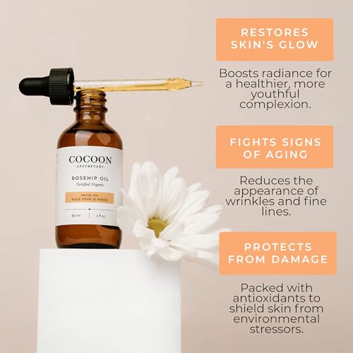 Cocoon Apothecary Rosehip Oil 2 fl oz - 100% Pure Facial & Rosehip Oil For Face, Ecocert Cosmos Organic, Nourish + Calm, Hydrate, Smooth Dry Irritated Skin, Rich in Antioxidants