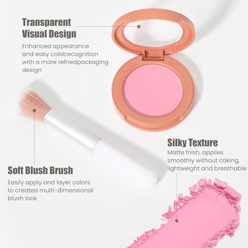 Peach Orange Powder Blush for Cheeks with Brush, Natural Blendable Matte Blush Palette For Face Blushes, Silky Lightweight Texture for Women Face Makeup Rubores de Maquillaje, 03#