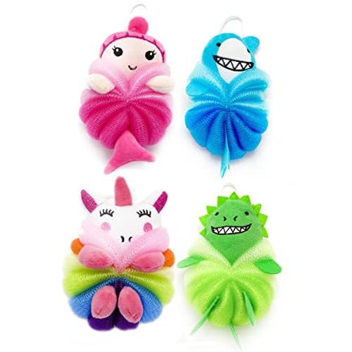 MURRI&MURRDI 4 Pack Kids Bath Sponges - Cute Animal Shower Pouf Set, Gentle Exfoliating Body Scrubber for Toddlers, Cartoon Mesh Loofah Gift for Boys & Girls