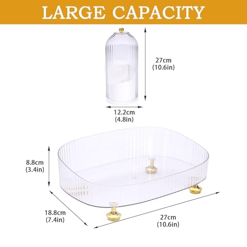 Makeup Organizer 2-Pack, Clear Makeup Brush Holder with Lid + Rotating Tray, Countertop Use, Cosmetic Storage, Make Up Organizers for Counter, Make Up Brush Holder Set for Bathroom Vanity & Dresser