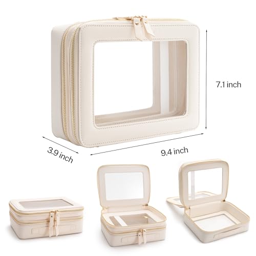 Aveniee Clear Makeup Bags, Double Layer Cosmetic Case with Separate Brush Compartment, Large Toiletry Organizer for Women, Travel Accessories Holder(2 Layers Large, White)
