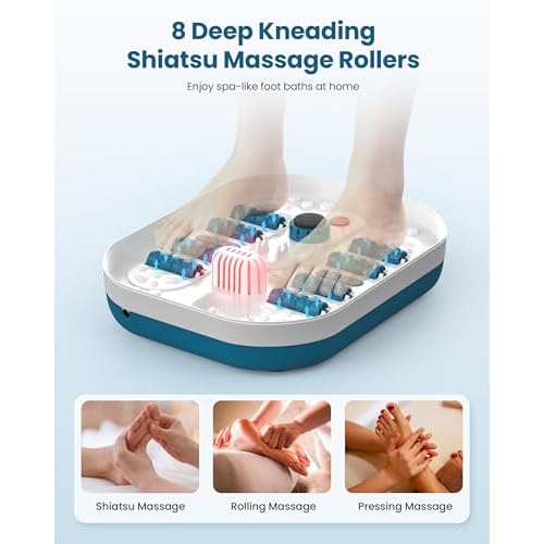 COMFIER Collapsible Foot Spa Bath Massager with Heat, Pedicure Foot Spa with Bubbles, Red Light, Pumice Stone and Shiatsu Massage Rollers, Heated Bath Spa for Relaxation and Stress Relief (Blue)