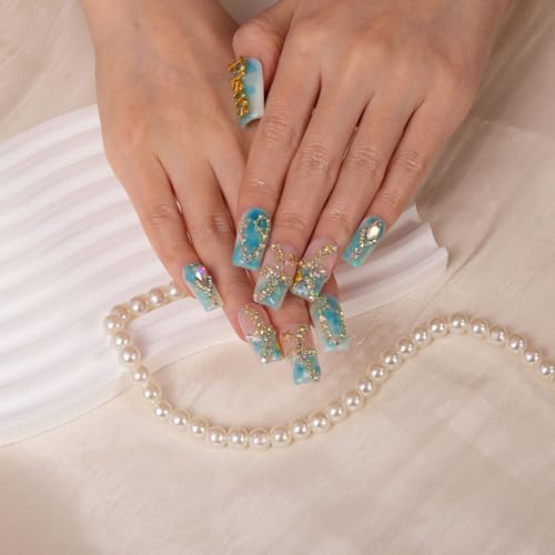 LOVFUL Press on Nails Pisces Blue French Tip| Handmade with Full Covered Crystals | Reusable Fake Nails | Square Regular 1.0 in | H157L