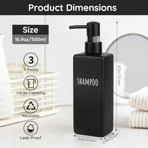 Segbeauty Plastic Shampoo and Conditioner Dispenser, 3pcs 16.9oz Refillable Lotion Soap Dispenser, 500ml Black Shampoo Bottles, Empty Shower Pump Dispenser Lotion Container for Modern Bathroom Hotel