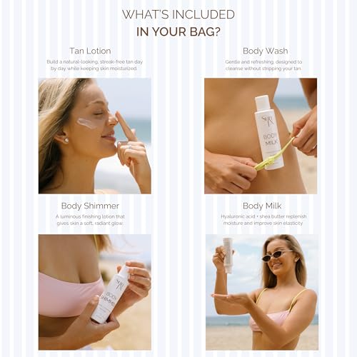 SunFX Travel Pack 4 Piece Self Tan & Body Care Kit with Gradual Tanning Lotion, Shimmer Lotion, Body Milk