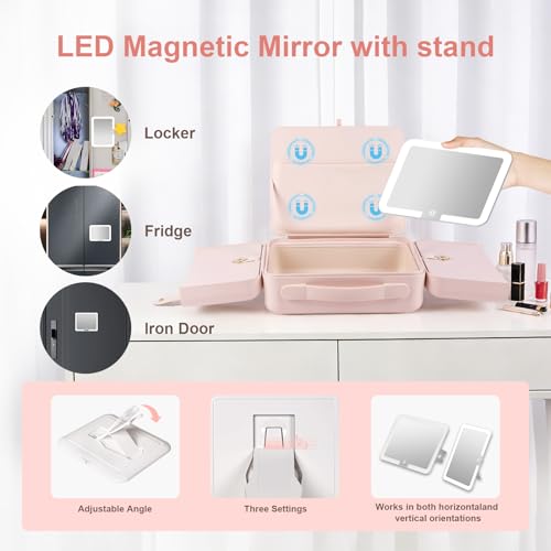 BEAUTY CASE Makeup Case with LED Light & Magnetic Mirror, 12 Inch Portable Travel Cosmetic Organizer Bag with 3 Partitions, Rechargeable, Large Capacity, Bright Lighting, Gift for Women Girls, Pink
