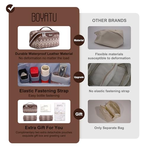 BOYATU Travel Makeup Bag for Women: Western Boho Make up Bag Set of 3 - Large Capacity Vegan Leather Cosmetic Bag - Waterproof Toiletry Bag with Compartments & Handle & Divider(J-2-Brown)