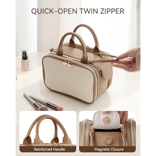 Prite Makeup Bag for Women, Large Capacity Waterproof Travel Cosmetic Organizer, Portable Open Flat Toiletry Bag with Free-standing Brush Holder and Handle(Beige Brown Medium)