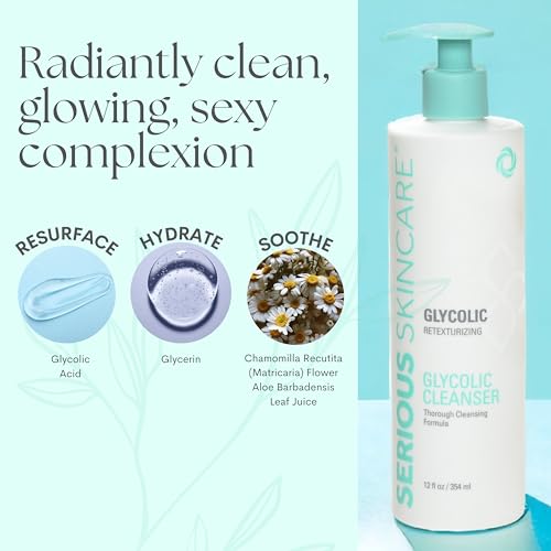 Serious Skincare Glycolic Cleanser - Skin Exfoliating Face Wash - 10% Glycolic Acid - Deep Pore Purifying - Removes Makeup, Oil, Blackheads and Impurities - Shave Prep - Anti-Aging 12 Fl. Oz.