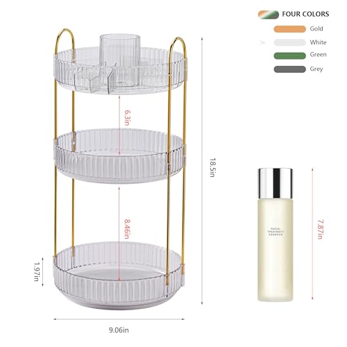 YCIA&DONE Rotating Makeup Organizer for Vanity, Large Capacity Make Up Storage Skin care Shelf Perfume Holders Cosmetic Dresser Organizer Countertop Spinning 360 (White Clear, 3Tiers)