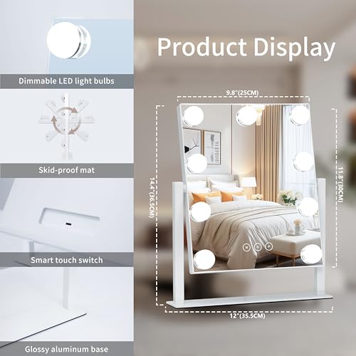 Vanity Mirror with Lights,Lighted Vanity Mirror with 9 Dimmable Bulbs for Dressing Room & Bedroom,3 Color Lighting,Modes Detachable 10x Magnification 360¡ÆRatation(White) 12" L x 14.4" W