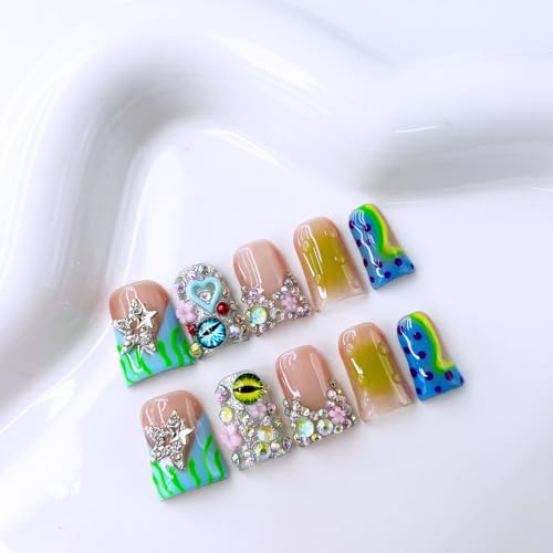 10 Pcs Handmade Duck Press on Nails Short Design 3D Stars Colorful Fake Nails Full Cover Thick French Tip False Nails with Rhinestone Acrylic Reusable Stick on Nails for Women DIY Decoration£¨Size M£©