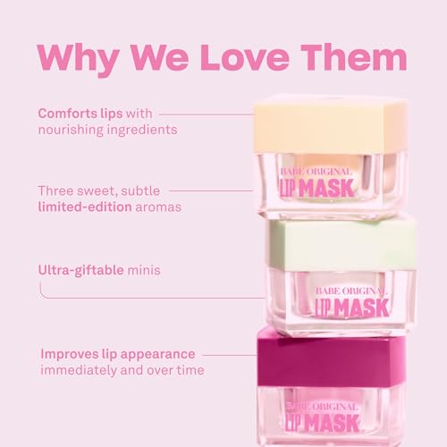 BABE ORIGINAL Lip Mask Minis Trio, Set of 3, Overnight Lip Mask for Dry Lips | Frosted Vanilla, Sweet Mint & Sugar Plum Scented | Vitamin E, Roship Oil & Hyaluronic Acid for Smoother, Moisturized Lips