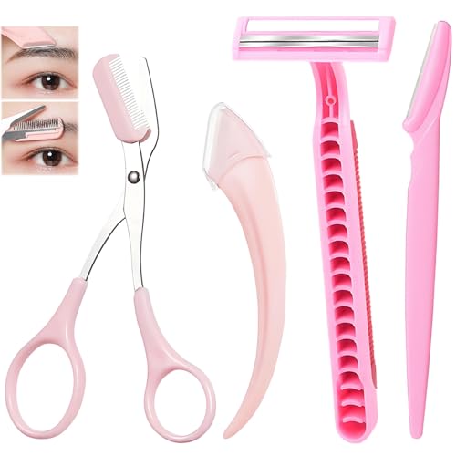 4PCS Eyebrow Trimmer Set, Eyebrow Trimmer Scissors with Comb, Curved Eye Brow Razor, Long Eyebrow Knife, Protable Razor, Waterproof Stainless Steel Facial Body Hair Removal Grooming