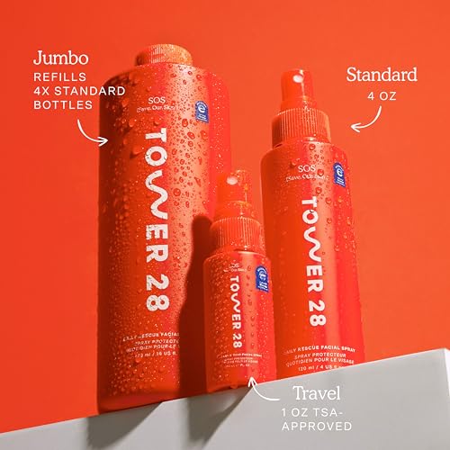 Tower 28 Jumbo SOS Daily Rescue Facial Spray - Hypochlorous Acid Spray to Help Reduce Redness, Calm Irritation + Alleviate Flare-Ups - Soothing + Purifying Face Toner - Everyday Skin Care Mist (16 oz)
