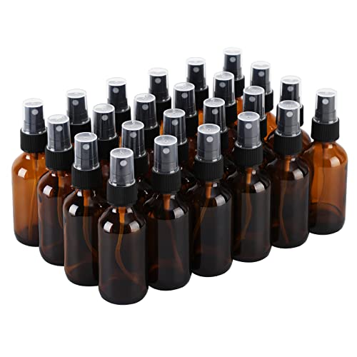 24 Pack Amber Glass Spray Bottles, 2oz/60ml Empty Glass Spray Bottles with Fine Mist, Small Leak Proof Travel Dispenser Bottles for Essential Oils, Bath, Beauty, Hair & Cleaning