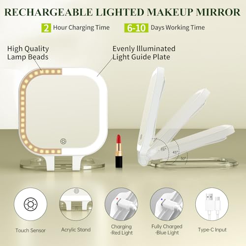 FUNTOUCH 30X Magnification Lighted Makeup Mirror, 7" Rechargeable Double Sided Travel Vanity Mirror with Lights, 3 Color Lights & Adjustable Brightness, 300¡ÆRotation, Gift for Women,White