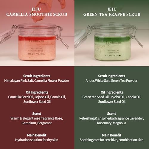 SanDaWha SKINCURE Jeju Body Scrub - Korean Skincare Green Tea Frappe Scrub with Andes White Salt & Green Tea Powder for Exfoliating, Hydrating & Smoothing ? Refreshing Herbal Scent, 250g