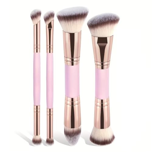 4-piece foundation make-up makeup brush double head beveled contour brush suitable for mixing liquid powder concealer cream blush brush eyes (pink)