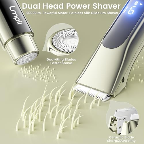 Bikini Trimmer for Women, 2-in-1 Electric Razor with Dual Heads, Ceramic Blade, Waterproof & Rechargeable, Painless Pubic Hair Shaver for Bikini, Underarm, Legs, Face | Gift for Her - MossGreen