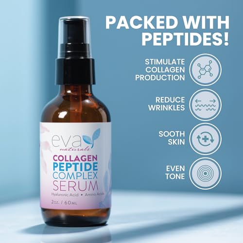Eva Naturals Multi Peptide Face Serum ? Anti Aging Collagen Peptides for Plump & Firm Skin Elasticity, Wrinkle & Fine Line Renewal, Fragrance Free Firming Facial Skincare - 2 oz