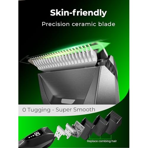Body Hair & Pubic Hair Trimmer for Men - Electric Ball Shaver with LED Light & Display, Waterproof Wet/Dry Groomer Kit with Wireless Charging & 3 Combs, Ceramic Blade Technology