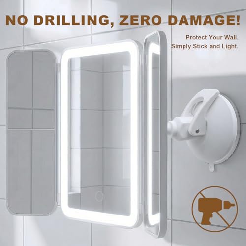Trifold LED Vanity Mirror with Lights, Bathroom Shower Mirror with Powerful Suction Mount, Rechargeable Makeup Mirror with 2X/3X Magnification, 3 Color Lights & Brightness Adjustable