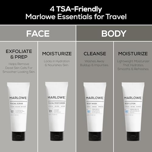 MARLOWE. Travel Essentials Kit, No. 103 Body Wash, No. 002 Body Lotion, No. 122 Facial Scrub & No. 123 Facial Moisturizer, Hydrating, Exfoliating & Nourishing Skin Care Set for All Skin Types