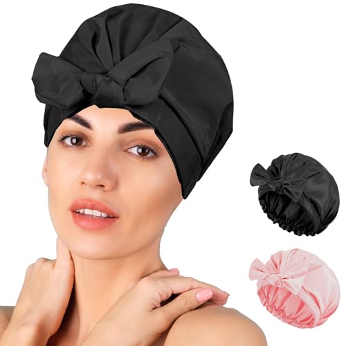 Shower Cap for Women Reusable Waterproof, Large Satin Shower Bonnet, Washable Bath Hat for Long Hair, Braids, Curly Hair, Pink + Black