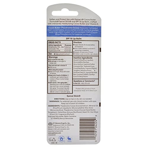 Palmer's Cocoa Butter Formula Duo Pack, Moisturizing Swivel Stick and Lip Balm with Vitamin E, All Day Moisturization, For use on Lips, Dry Patches, Marks & Scars,2 Count (Pack of 2)