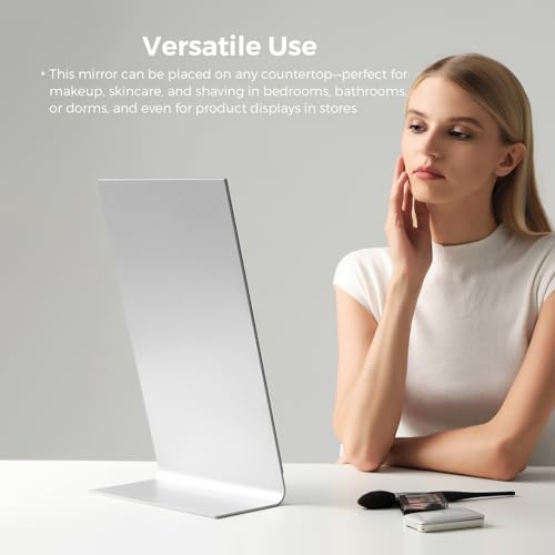 Frameless Makeup Mirror for Desk, 15 x 8.5 Inch Aluminum Standing Table Mirror, Large Counter Top Mirror